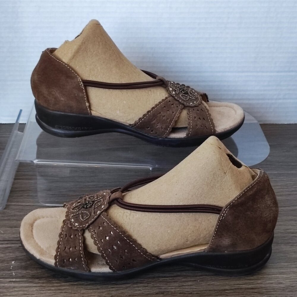 Earth Spirit Low Heel 6.5 Cross Strap Brown Woven Strappy Comfort Boho Sandals